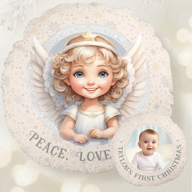 Cute Christmas Angel Photo Name Round Pillow (Cute Christmas Angel Template Photo Round Pillow)