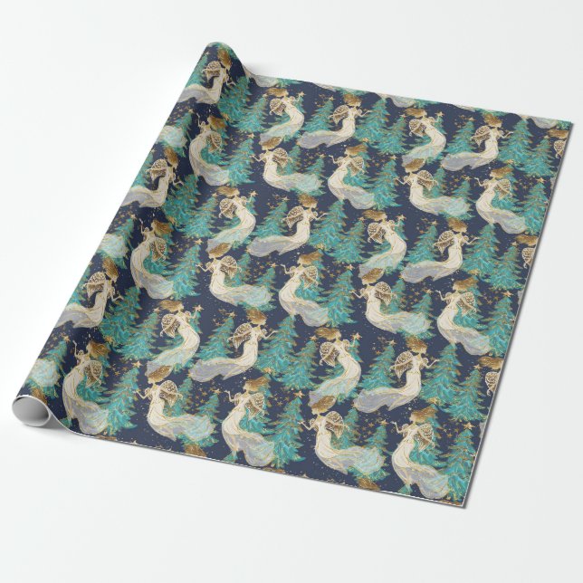 Cute Christmas Angels Wrapping Paper (Unrolled)