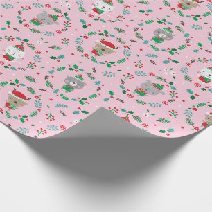 Cute Christmas Animal Wreaths Pink Wrapping Paper