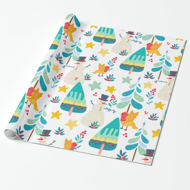 Cute Christmas animals and symbols pattern Wrapping Paper (Unrolled)