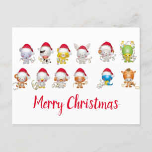 Cute Christmas Animals Santa Hat Holiday Postcard