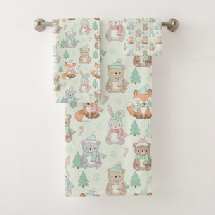 Cute Christmas Animals Seamless Pattern Bath Towel Set