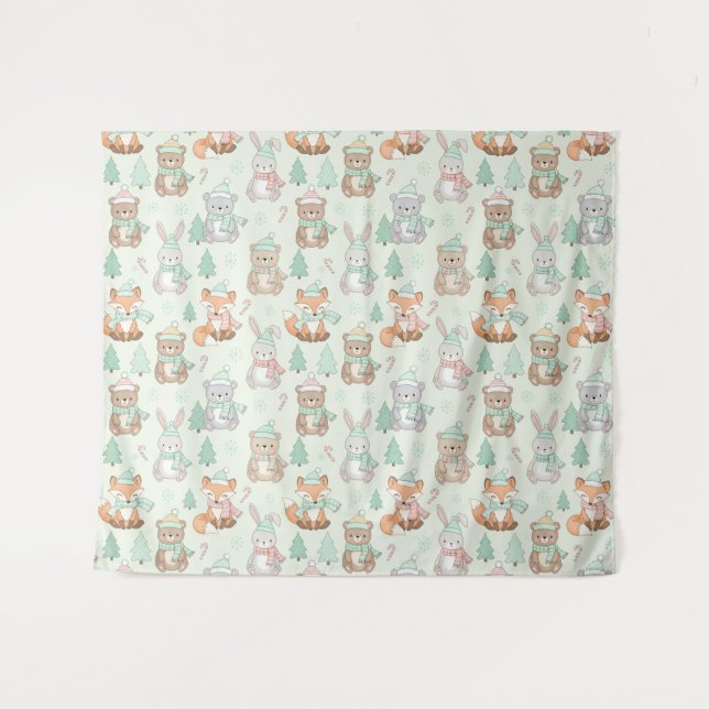 Cute Christmas Animals Seamless Pattern Tapestry (Front (Horizontal))