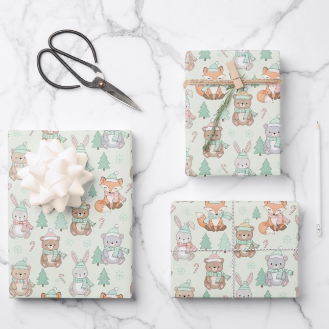 Cute Christmas Animals Seamless Pattern Wrapping Paper Sheet (Front)
