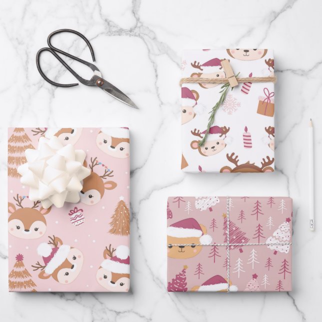 Cute Christmas Animals Wrapping Sheet set of 3 (Front)