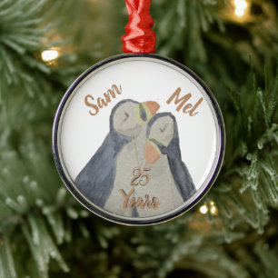 Cute Christmas Anniversary Puffins Metal Tree Decoration