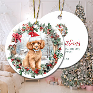 Cute Christmas apricot poodle dog puppy Santa hat Ceramic Tree Decoration