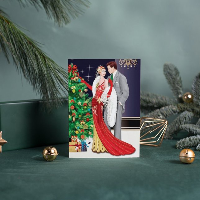 Cute Christmas art deco couple add message Holiday Card (Creator Uploaded)