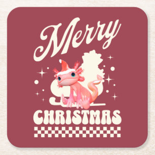 Cute Christmas Axolotl Merry Christmas Square Paper Coaster