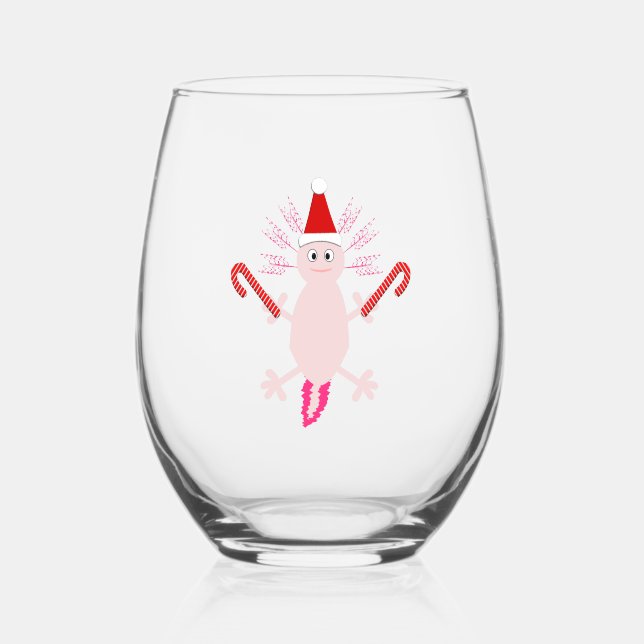 Cute Christmas Axolotl Stemless Wine Glass (Front)