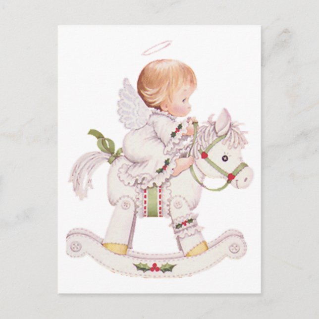 Cute Christmas Baby Angel On Rocking Horse Postcard (Front)