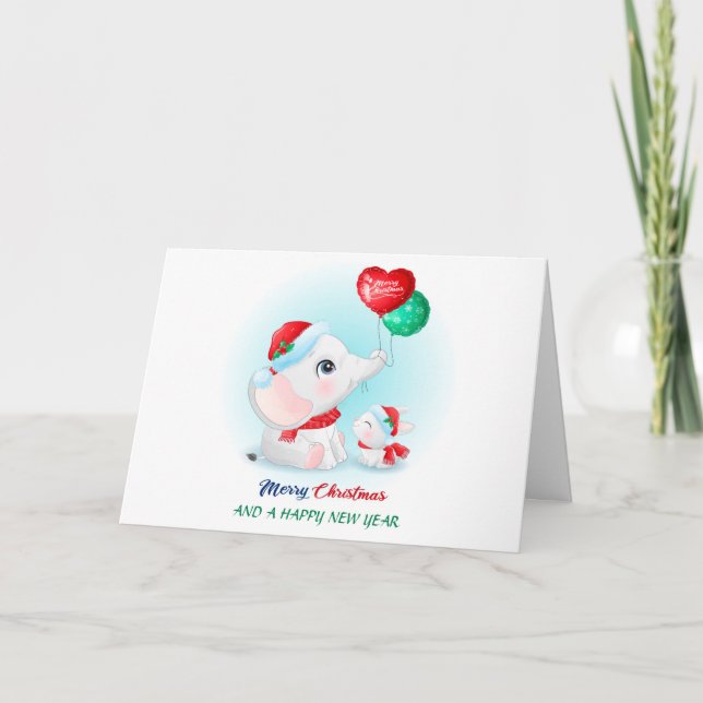 Cute Christmas Baby Elephant Baby Bunny Santa Cap Holiday Card (Front)