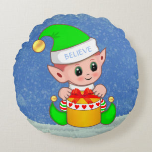Cute Christmas Baby Elf on Light Blue Round Cushion