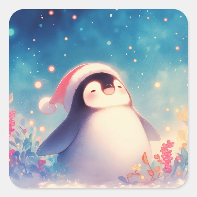 Cute Christmas Baby Penguin in Santa Hat Square Sticker (Front)