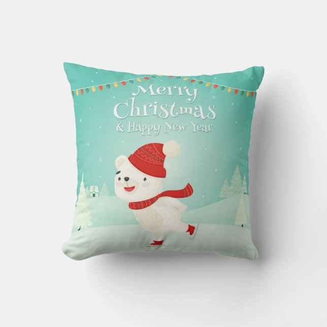 Cute Christmas Baby Polar Bear with Festive Lights Cushion (Front)
