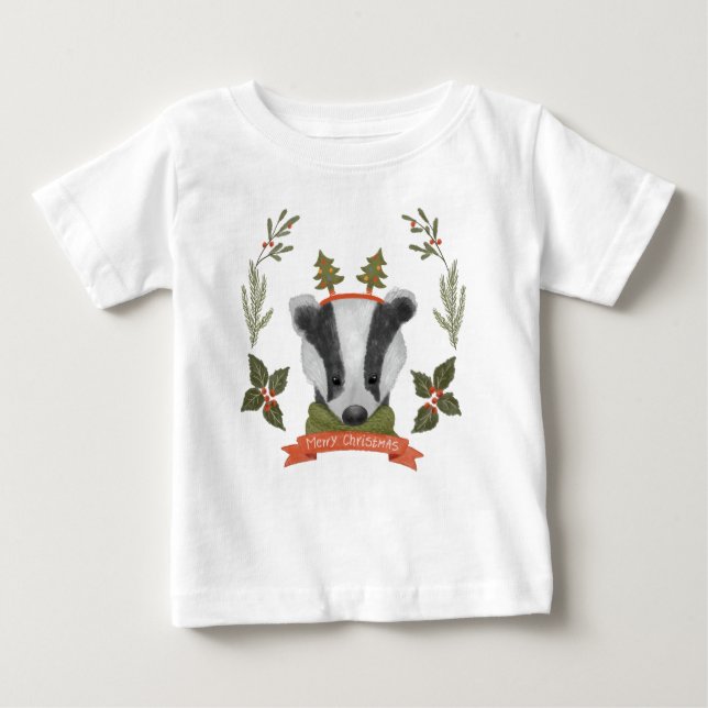 Cute Christmas Badger Portrait Baby T-Shirt (Front)