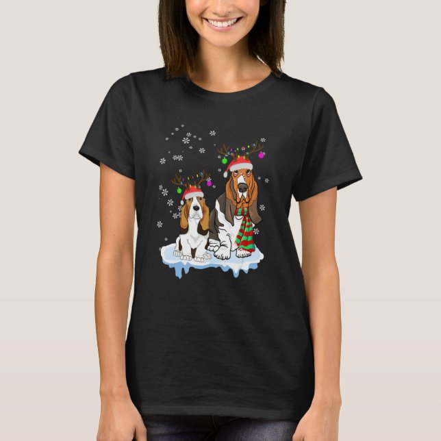 Cute Christmas Basset Hound Santa Hats Reindeer Do T-Shirt (Front)