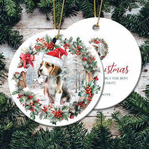 Cute Christmas beagle dog puppy Santa hat Ceramic Tree Decoration