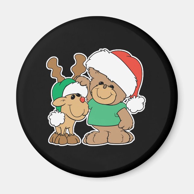 Cute Christmas Bear and Reindeer Magnet (Front)