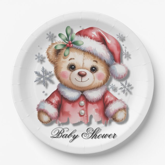 Cute Christmas Bear and Snowflakes Paper Plate (Front)