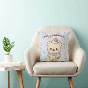 Cute Christmas Bear Pastel Pixel Art Holiday Decor Cushion