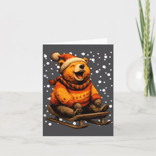 Cute Christmas Bear Sledding In Snow Funny Winter  Card