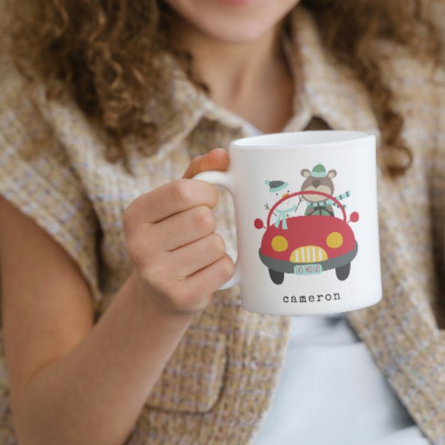 Cute Christmas Bear Snowman Red Car Custom Name Coffee Mug (Creator Uploaded)