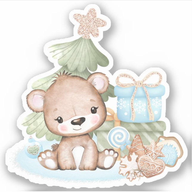 Cute Christmas Bear Vinyl Sticker (Front)