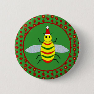 Cute Christmas Bee and Poinsettia Flowers 6 Cm Round Badge