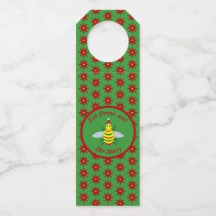 Cute Christmas Bee and Poinsettia Flowers Custom Bottle Tag