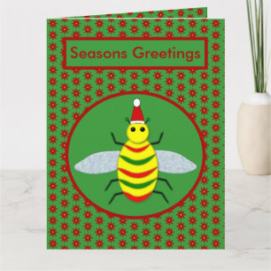 Cute Christmas Bee and Poinsettia Flowers Custom Card