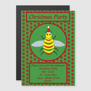 Cute Christmas Bee and Poinsettia Flowers Custom Magnetic Invitation