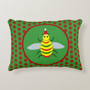 Cute Christmas Bee and Poinsettia Flowers Decorative Cushion