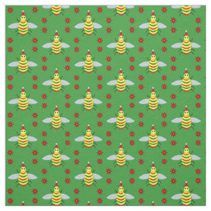 Cute Christmas Bee and Poinsettia Flowers Fabric