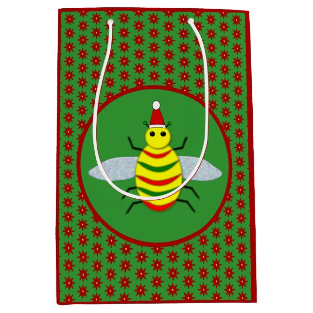 Cute Christmas Bee and Poinsettia Flowers Medium Gift Bag (Front)