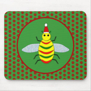 Cute Christmas Bee and Poinsettia Flowers Mouse Pad