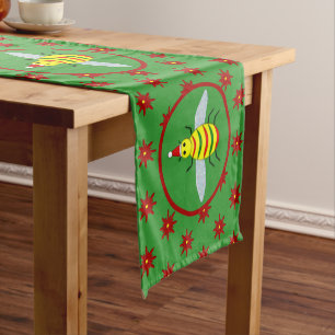 Cute Christmas Bee and Poinsettia Flowers Short Table Runner