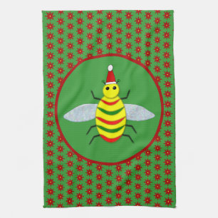 Cute Christmas Bee and Poinsettia Flowers Tea Towel