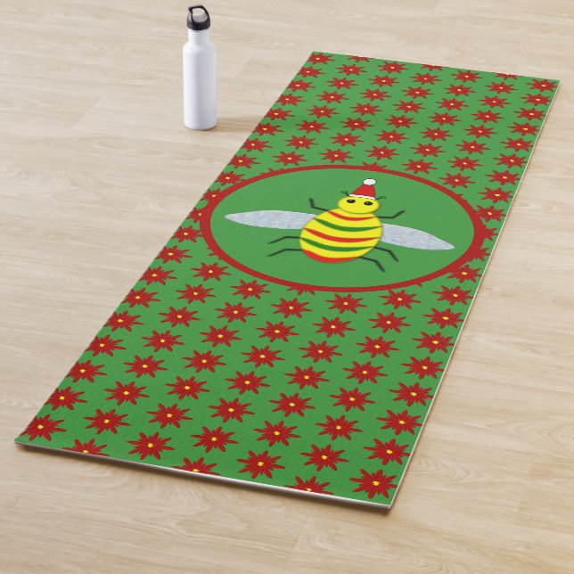 Cute Christmas Bee and Poinsettia Flowers Yoga Mat (In Situ)