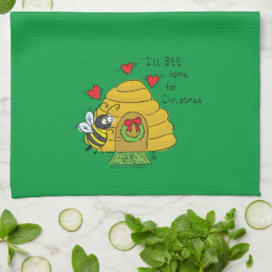 Cute Christmas Bee Funny Holiday Cartoon Tea Towel