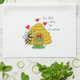 Cute Christmas Bee Funny Holiday Cartoon Tea Towel