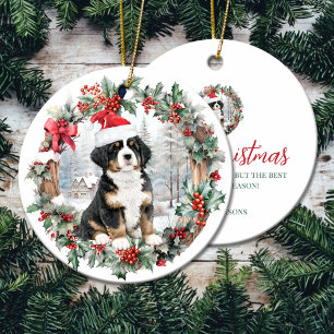 Cute Christmas Bernese mountain do puppy Santa hat Ceramic Tree Decoration