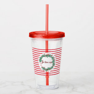 Cute Christmas Berry Wreath Custom Monogram Acrylic Tumbler