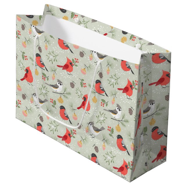 Cute Christmas Bird Pattern Holiday Design Large Gift Bag (Front Angled)
