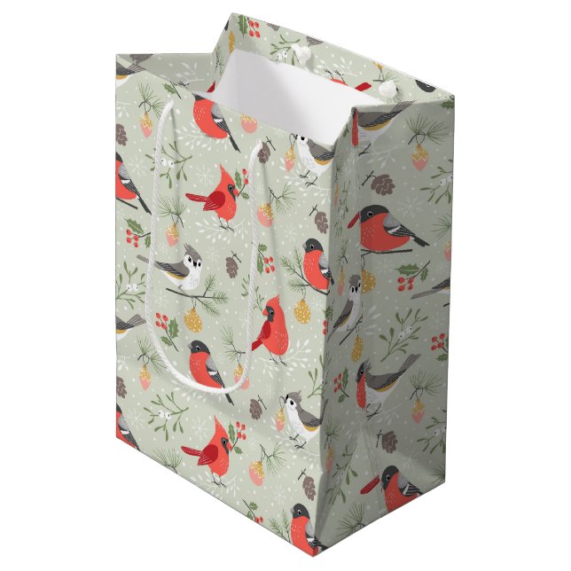 Cute Christmas Bird Pattern Holiday Design Medium Gift Bag (Front Angled)