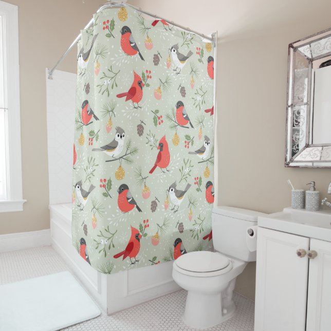 Cute Christmas Bird Pattern Holiday Design Shower Curtain (In Situ)