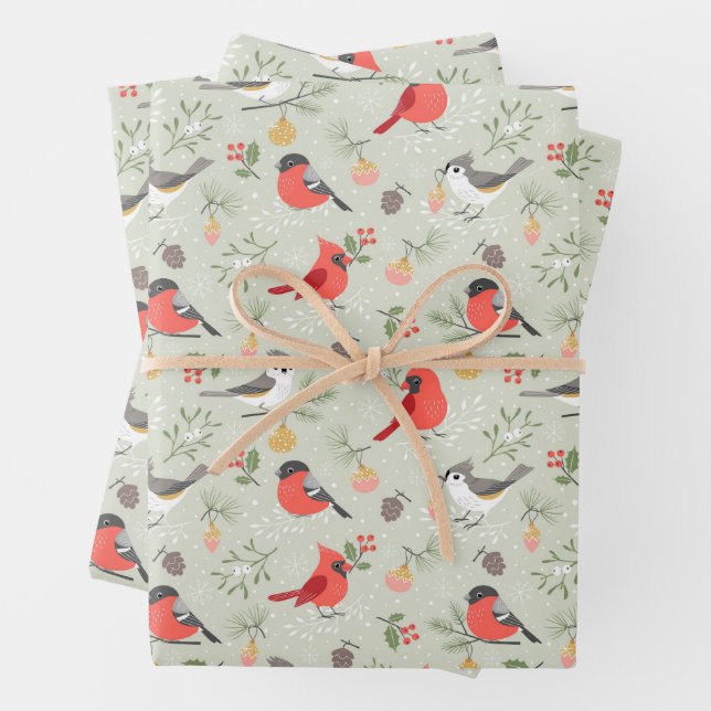 Cute Christmas Bird Pattern Holiday Design Wrapping Paper Sheet (In situ)