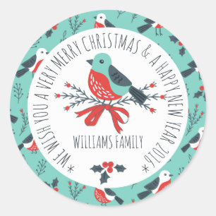 Cute Christmas Bird Pattern Text Template Classic Round Sticker