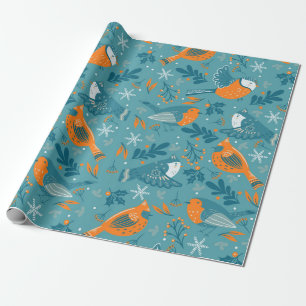 Cute Christmas birds and snowflakes pattern Wrapping Paper