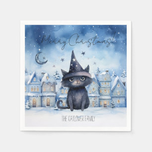 Cute Christmas Black Cat Festive Holiday Napkin